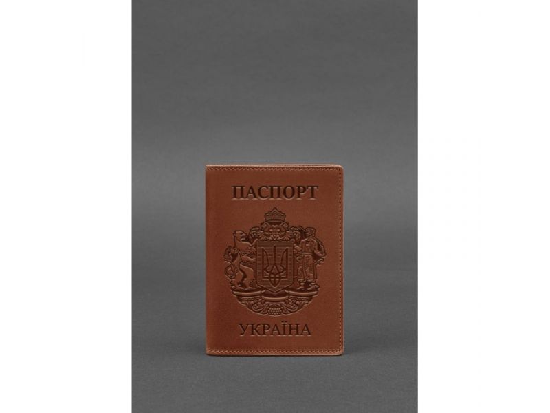 Кожаная обложка для паспорта с украинским гербом светло-коричневая, фото 1