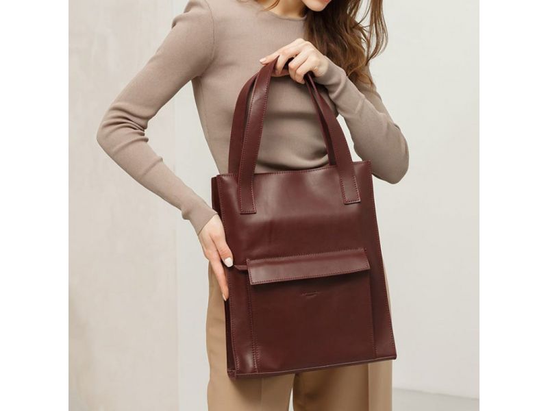 Кожаная женская сумка шоппер Бэтси с карманом бордовая Краст, фото 5