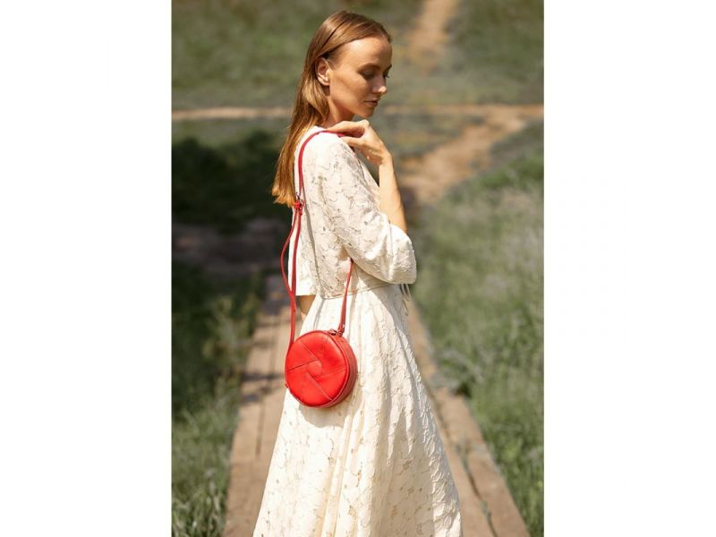 Кожаная круглая женская сумка Бон-Бон красная, фото 1