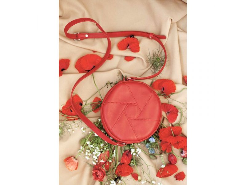 Кожаная круглая женская сумка Бон-Бон красная, фото 4