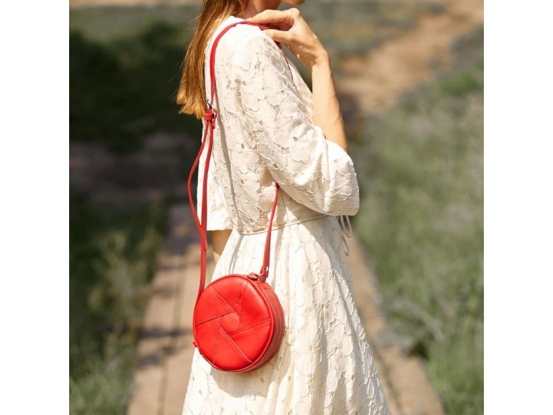 Кожаная круглая женская сумка Бон-Бон красная, фото 5