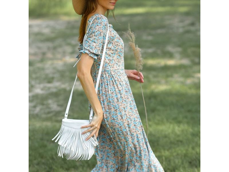 Кожаная женская сумка с бахромой мини-кроссбоди Fleco белая, фото 9