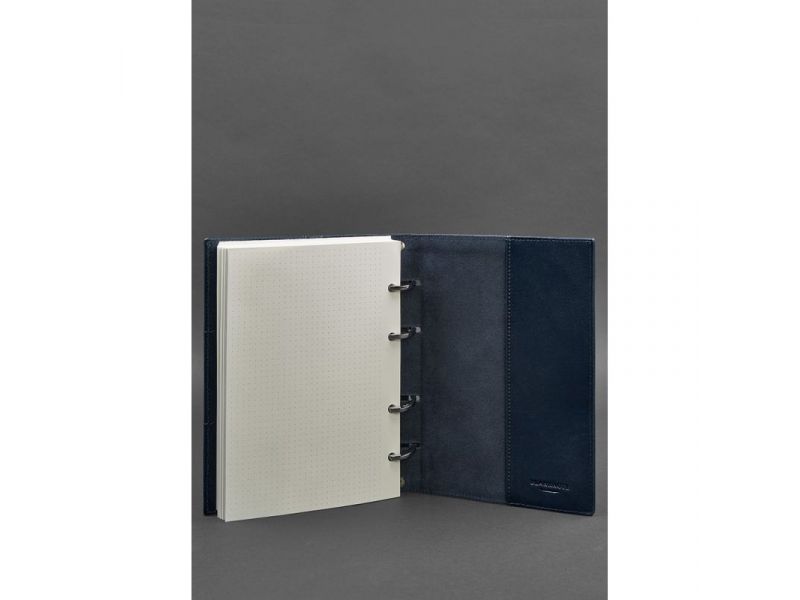 Кожаный блокнот на кольцах (софт-бук) 9.0 с твердой синей обложкой, фото 4