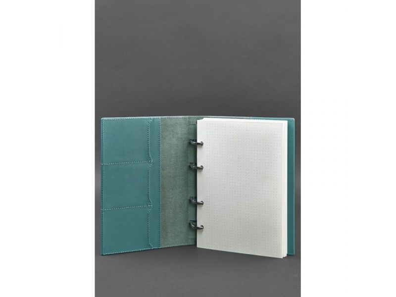 Кожаный блокнот на кольцах (софт-бук) 9.0 с твердой бирюзовой обложкой, фото 2