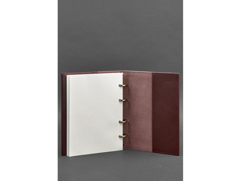 Кожаный блокнот на кольцах (софт-бук) 9.0 с твердой бордовой обложкой, фото 4