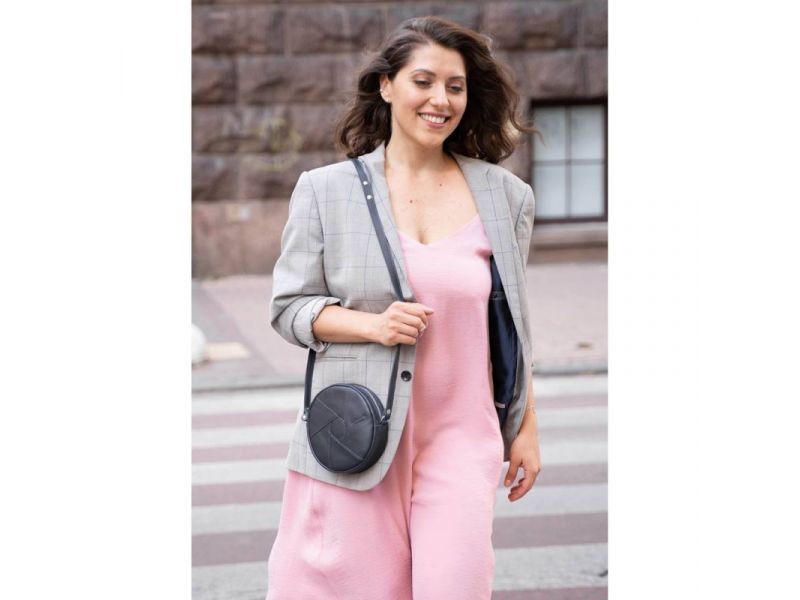 Кожаная круглая женская сумка Бон-Бон темно-синяя, фото 7