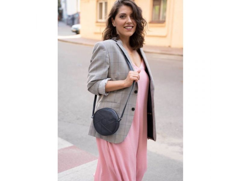 Кожаная круглая женская сумка Бон-Бон темно-синяя, фото 5