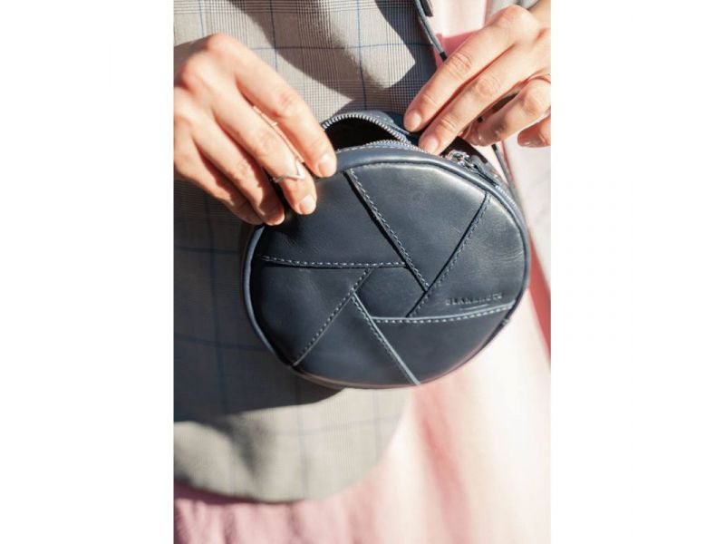 Кожаная круглая женская сумка Бон-Бон темно-синяя, фото 6