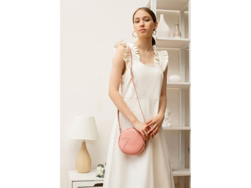 Кожаная круглая женская сумка Бон-Бон розовая, фото 6