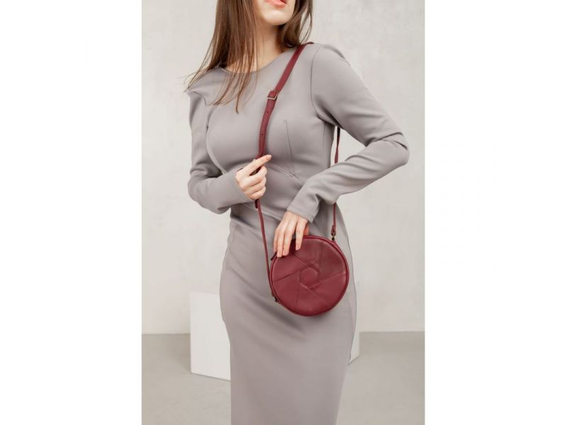 Кожаная круглая женская сумка Бон-Бон бордовая, фото 1