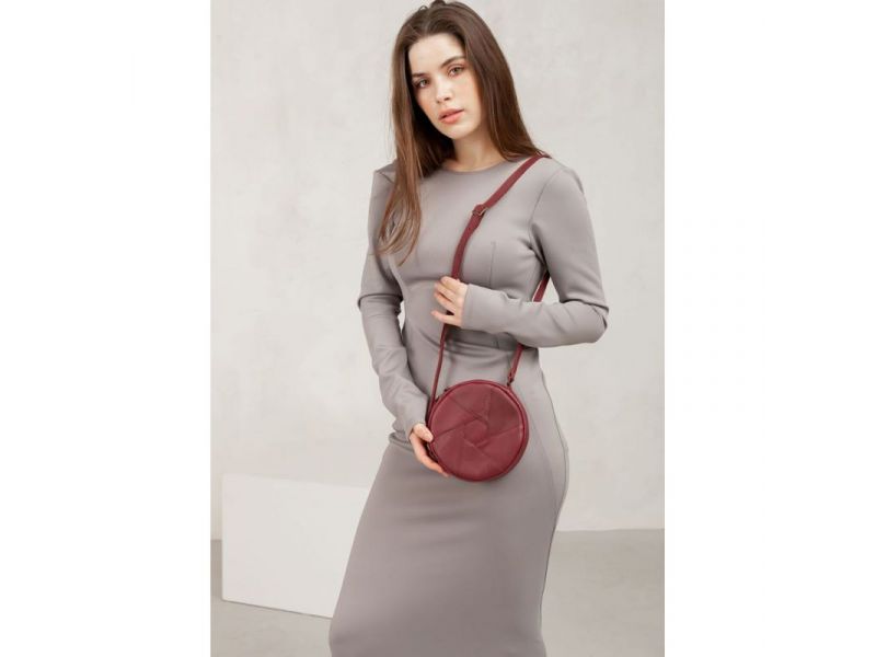 Кожаная круглая женская сумка Бон-Бон бордовая, фото 5
