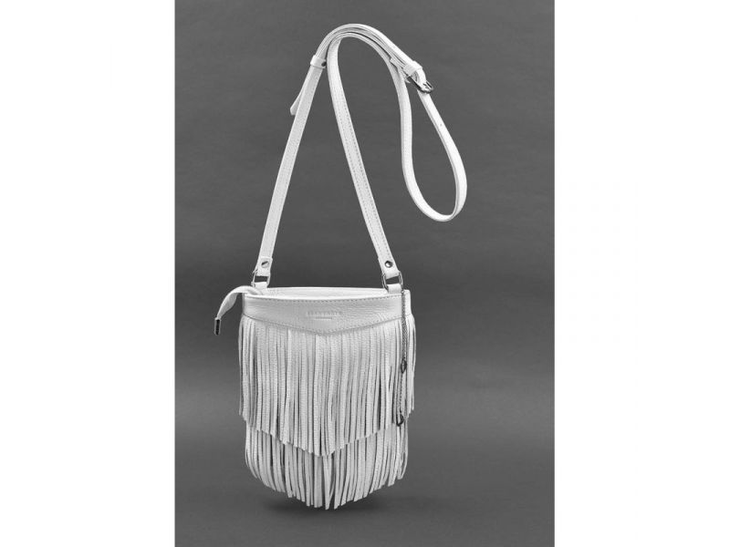 Кожаная женская сумка с бахромой мини-кроссбоди Fleco белая, фото 2