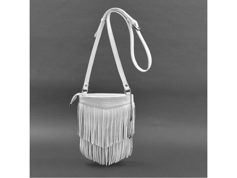 Кожаная женская сумка с бахромой мини-кроссбоди Fleco белая, фото 10