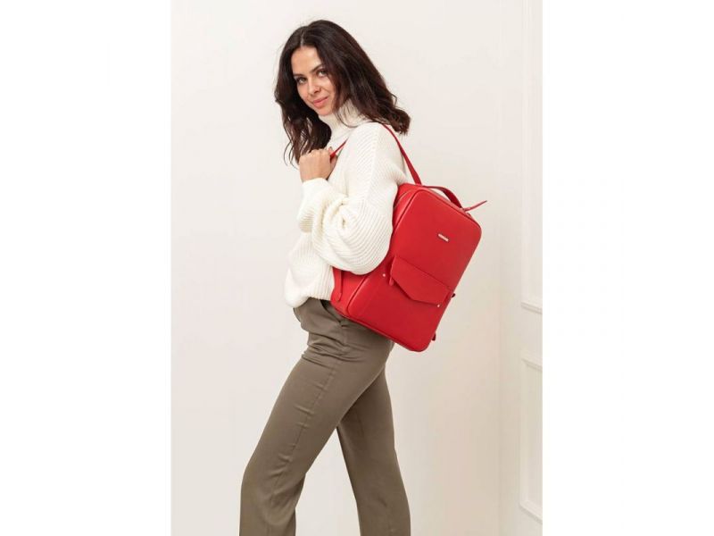 Кожаный городской женский рюкзак на молнии Cooper красный, фото 8