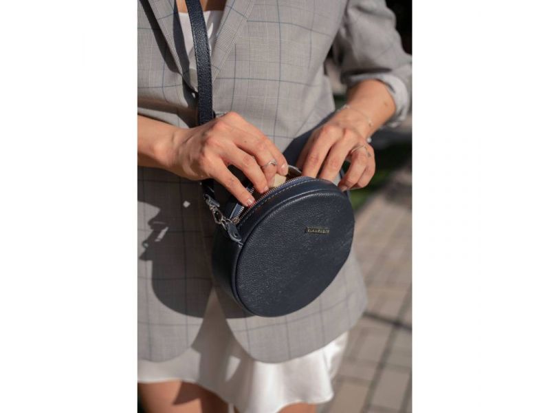 Круглая кожаная женская сумочка Tablet темно-синяя, фото 6