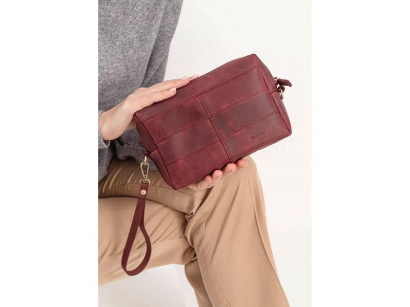 Кожаная косметичка-несессер 3.1 Бордовая Crazy Horse, фото 4