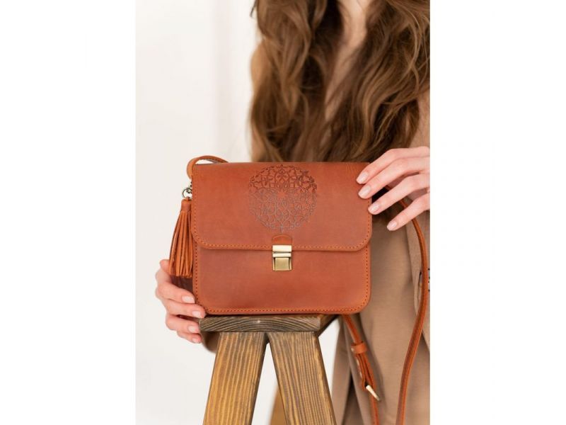 Кожаная женская бохо-сумка Лилу светло-коричневая Crazy Horse, фото 7