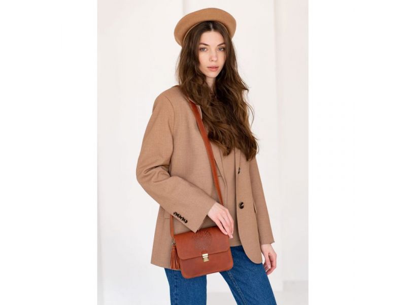 Кожаная женская бохо-сумка Лилу светло-коричневая Crazy Horse, фото 9