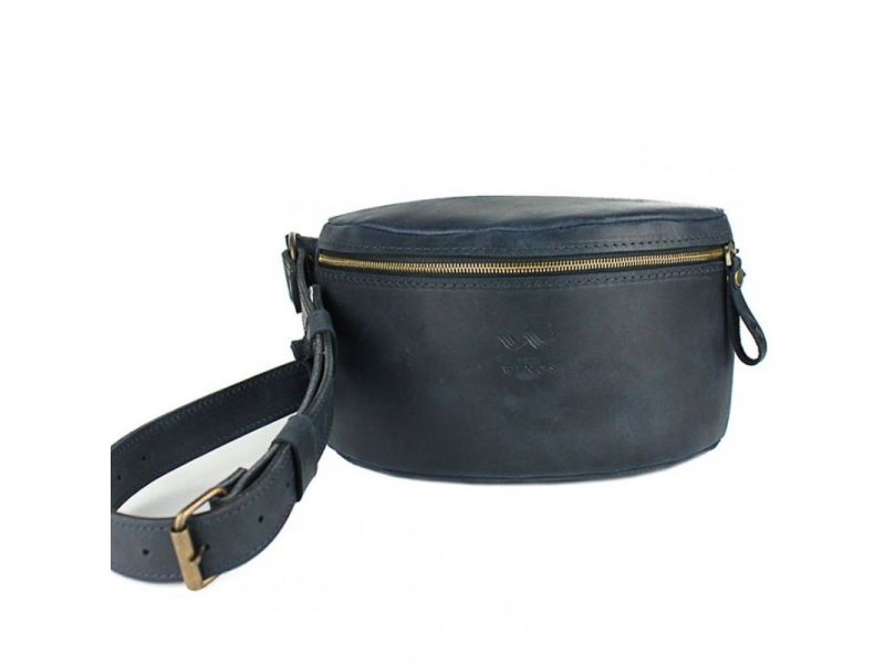 Кожаная поясная сумка темно-синяя винтажная, фото 2