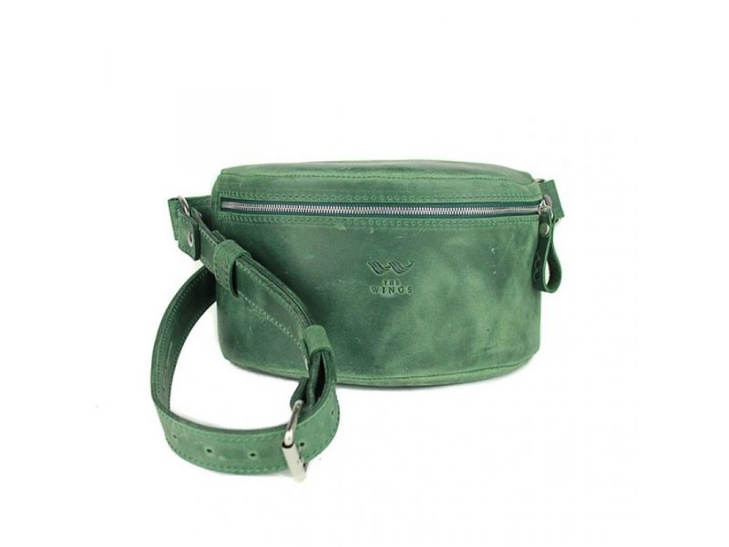 Кожаная поясная сумка зеленая винтажная, фото 5