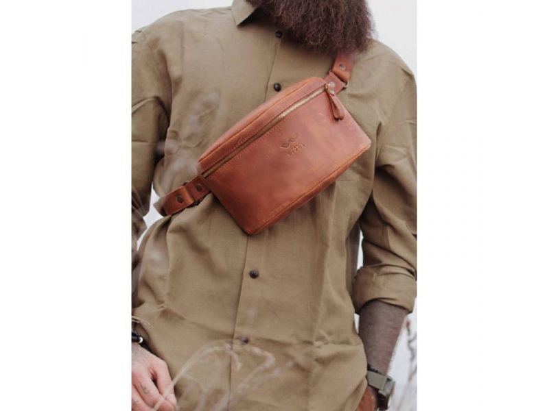 Кожаная поясная сумка светло-коричневая винтажная, фото 1