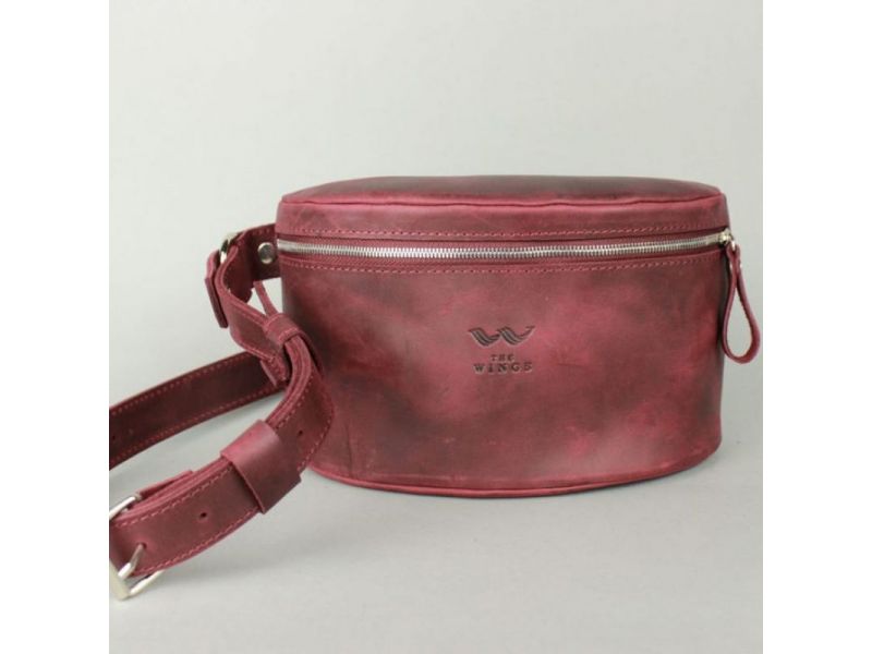 Кожаная поясная сумка бордовая винтажная, фото 3