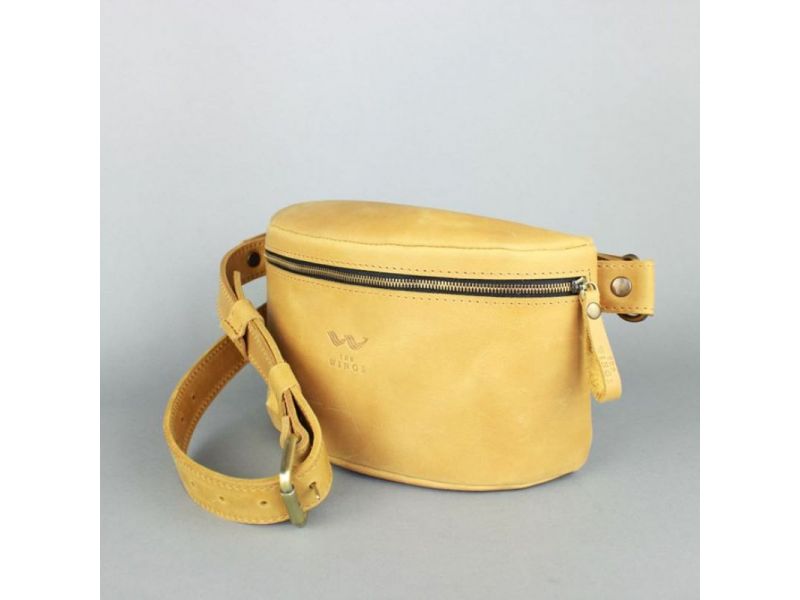 Кожаная поясная сумка желтая винтажная, фото 2