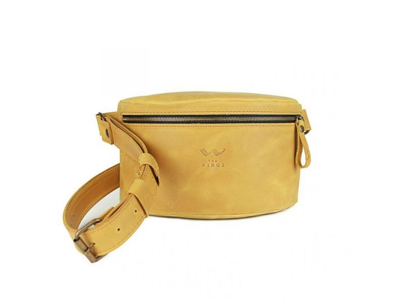 Кожаная поясная сумка желтая винтажная, фото 5