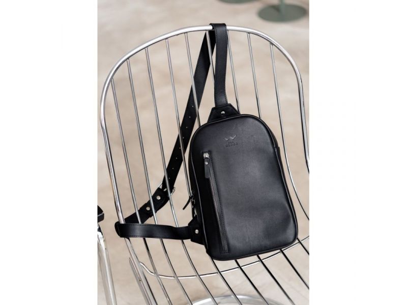 Мужская кожаная сумка Chest bag черная, фото 6