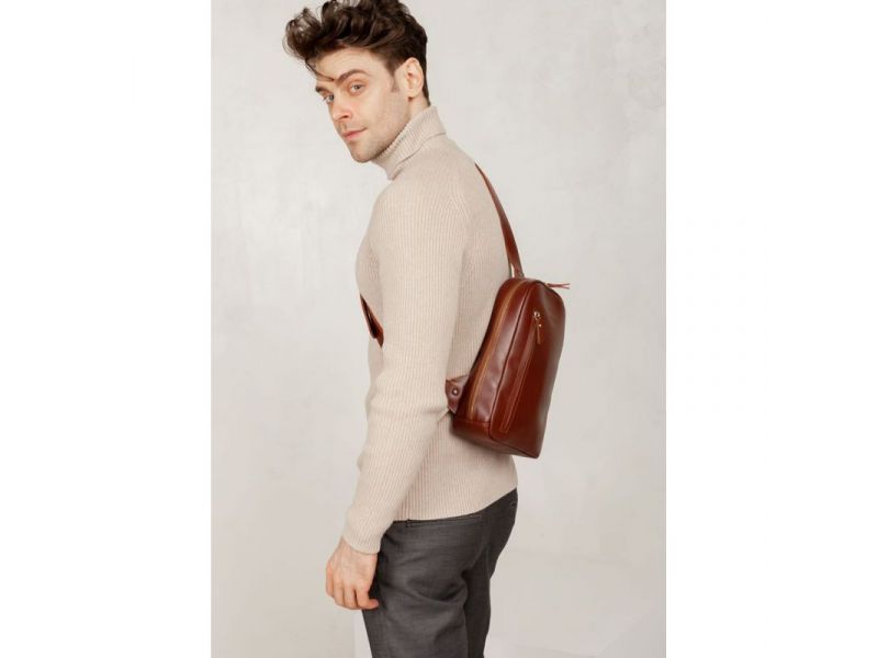 Мужская кожаная сумка Chest bag светло-коричневая, фото 3
