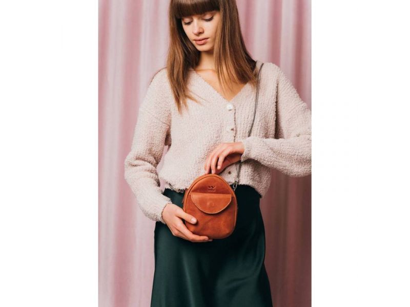 Кожаная женская мини-сумка Kroha коньячная винтажная, фото 1