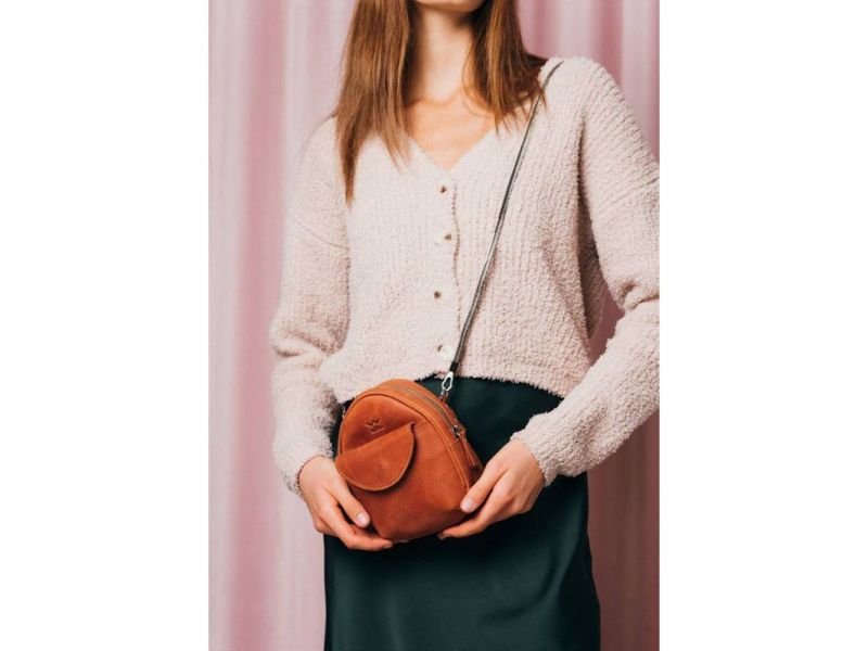 Кожаная женская мини-сумка Kroha коньячная винтажная, фото 2