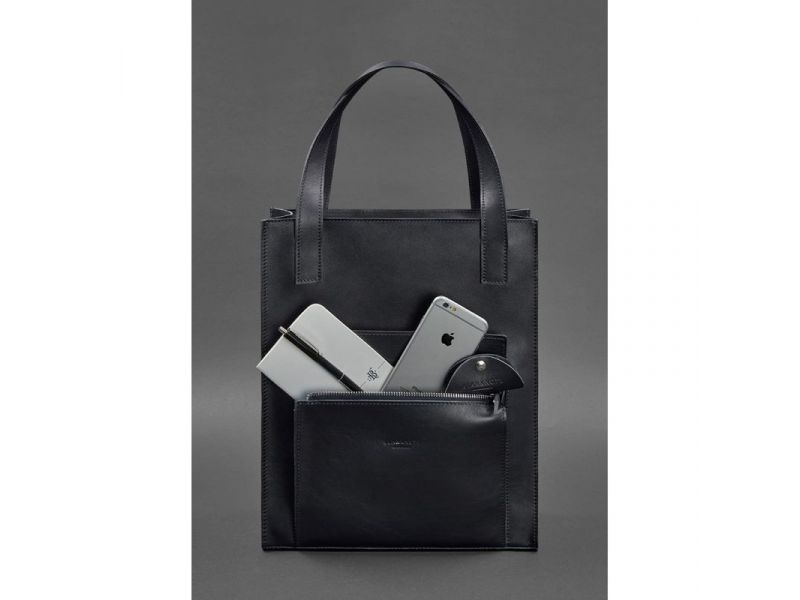 Кожаная женская сумка шоппер Бэтси с карманом синяя Краст, фото 2