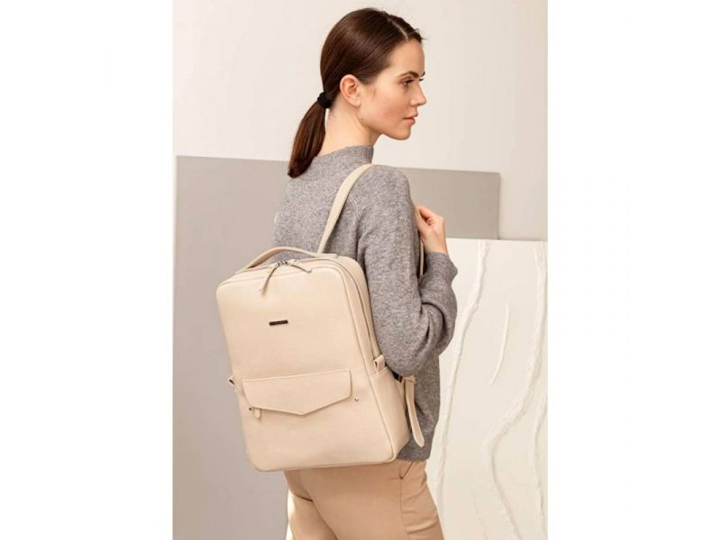 Кожаный женский городской рюкзак на молнии Cooper светло-бежевый флотар, фото 7