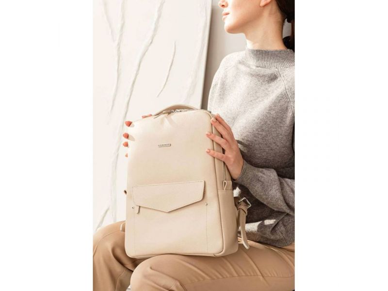 Кожаный женский городской рюкзак на молнии Cooper светло-бежевый флотар, фото 8