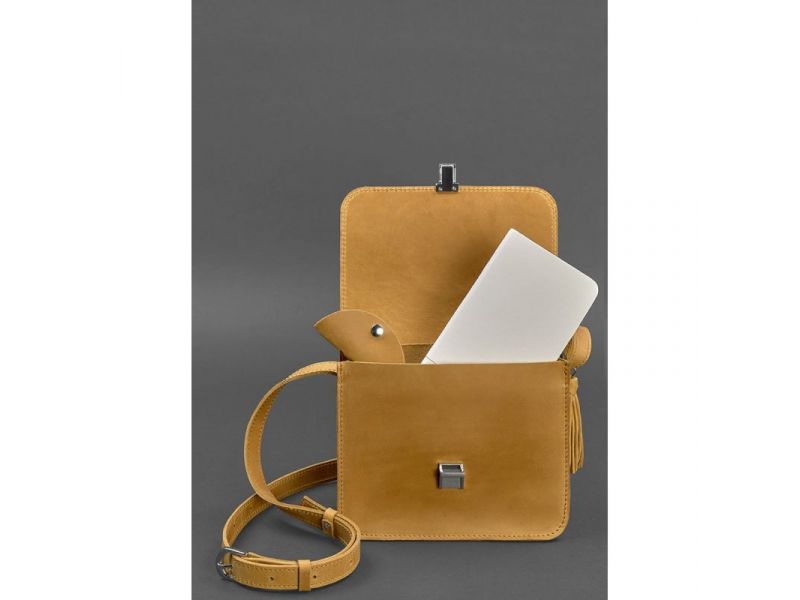 Кожаная женская бохо-сумка Лилу желтая Crazy Horse, фото 3