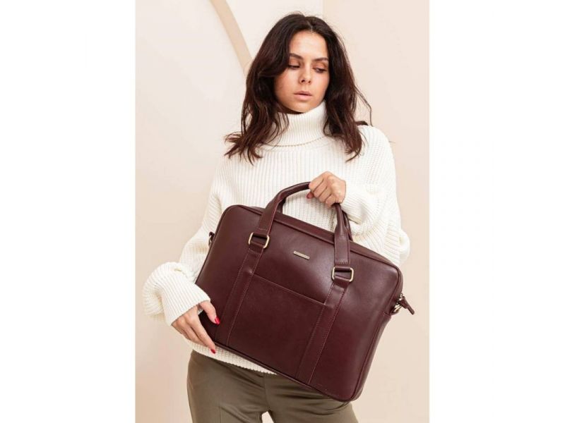 Кожаная сумка для ноутбука и документов бордовая, фото 9