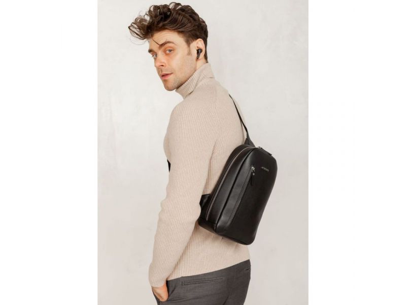 Кожаный мужской рюкзак (сумка-слинг) на одно плечо Chest Bag черный, фото 6