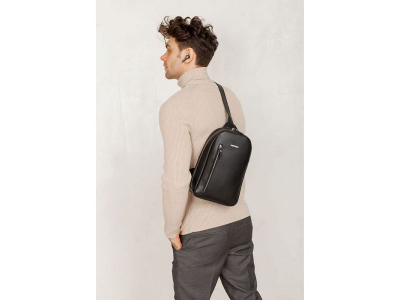 Кожаный мужской рюкзак (сумка-слинг) на одно плечо Chest Bag черный, фото 7