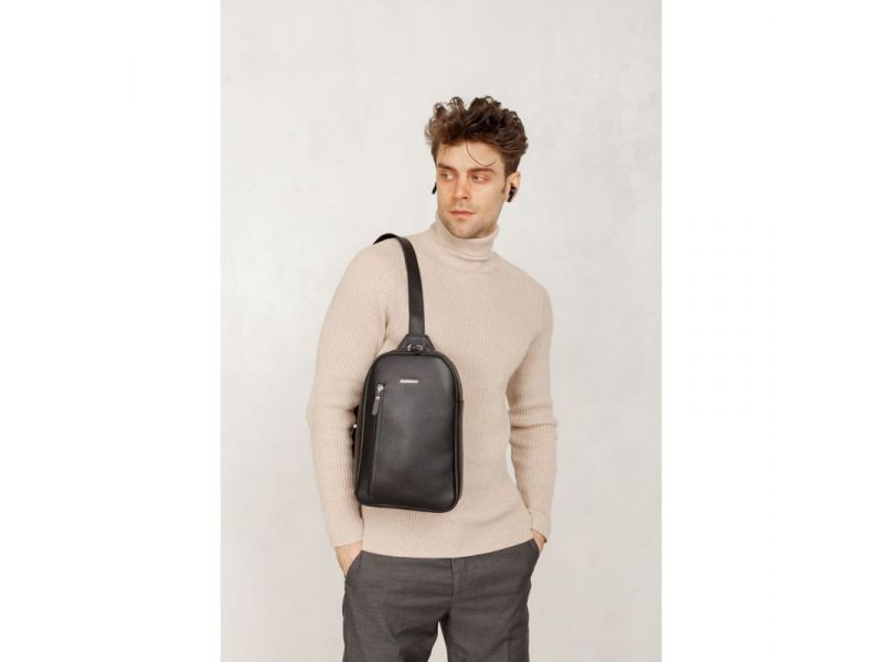 Кожаный мужской рюкзак (сумка-слинг) на одно плечо Chest Bag черный, фото 8