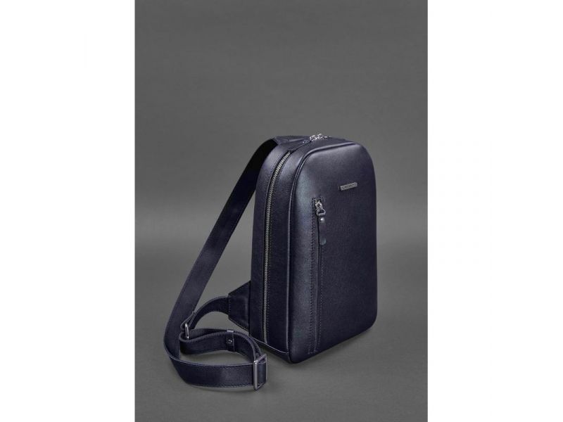 Кожаный мужской рюкзак (сумка-слинг) на одно плечо Chest Bag синий, фото 2