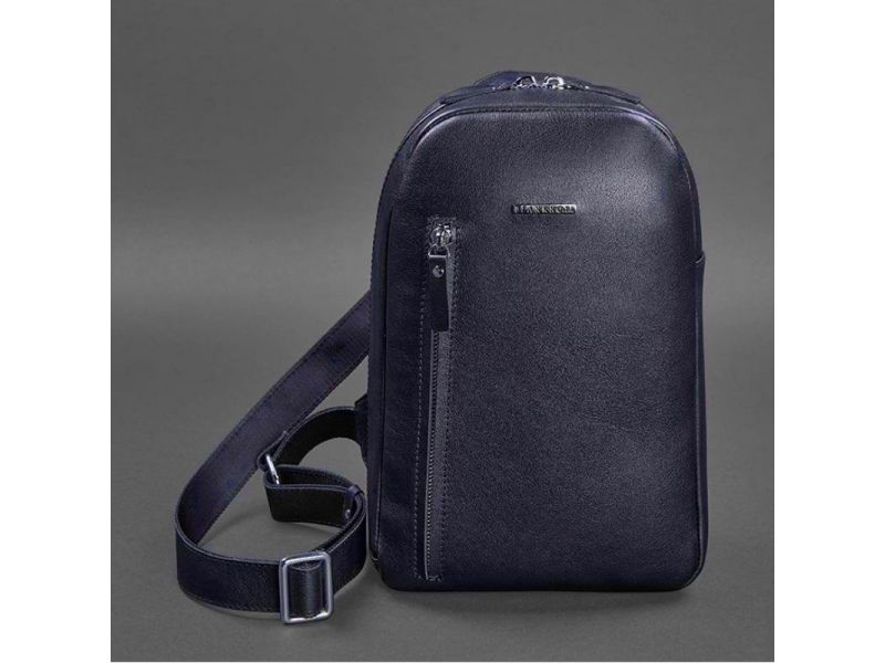 Кожаный мужской рюкзак (сумка-слинг) на одно плечо Chest Bag синий, фото 5