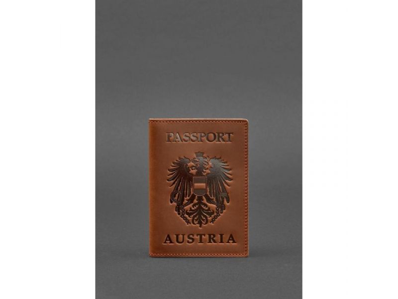 Кожаная обложка для паспорта с австрийским гербом светло-коричневая Crazy Horse, фото 1