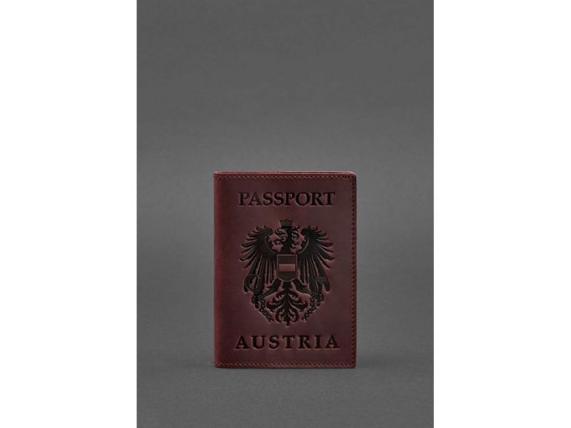 Кожаная обложка для паспорта с австрийским гербом бордовая Crazy Horse, фото 1