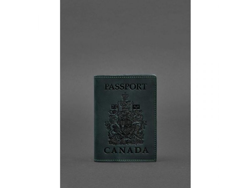 Кожаная обложка для паспорта с канадским гербом зеленая Crazy Horse, фото 1