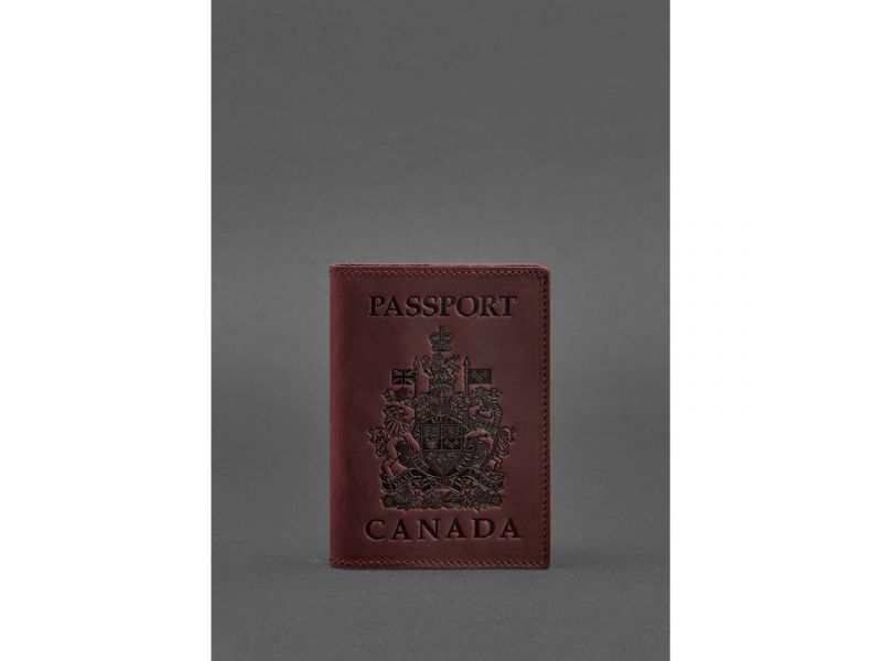 Кожаная обложка для паспорта с канадским гербом бордовая Crazy Horse, фото 1