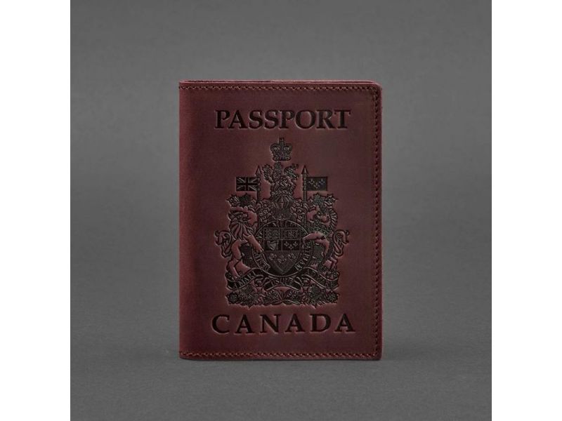 Кожаная обложка для паспорта с канадским гербом бордовая Crazy Horse, фото 4
