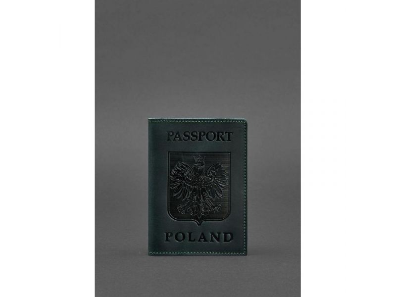Кожаная обложка для паспорта с польским гербом зеленая Crazy Horse, фото 1