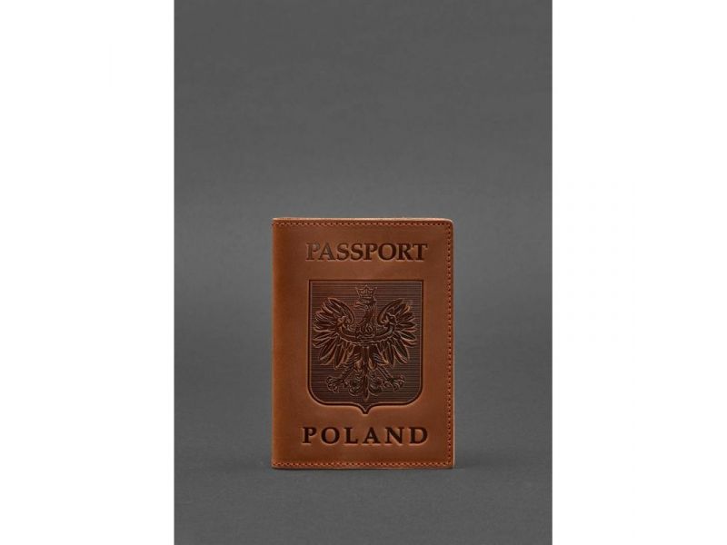 Кожаная обложка для паспорта с польским гербом светло-коричневая Crazy Horse, фото 1