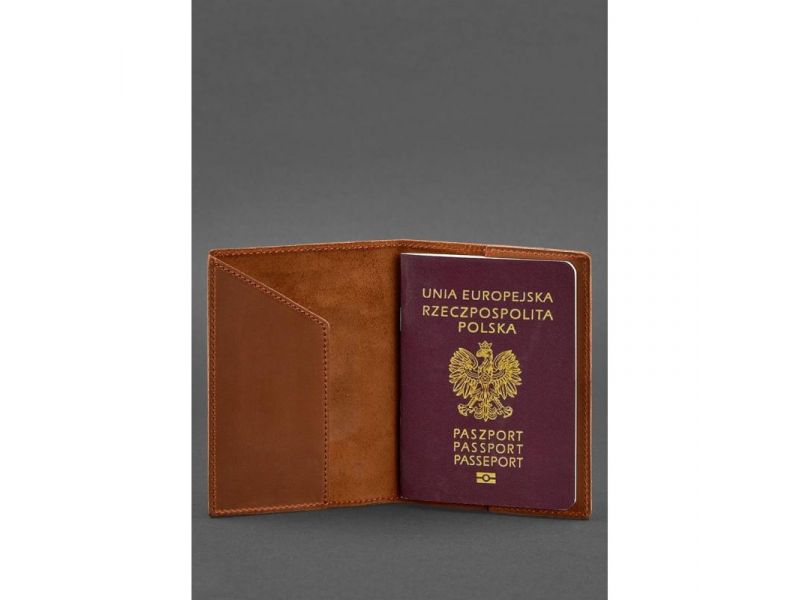 Кожаная обложка для паспорта с польским гербом светло-коричневая Crazy Horse, фото 2